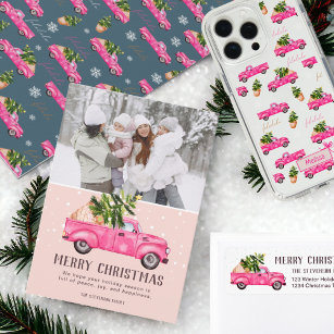 Cartão De Festividades Foto rosa-rosa da árvore de Natal do caminhão rosa