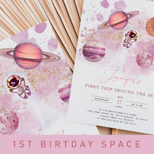 Convite Planetas Rosa do Espaço Exterior Garota Primeiro A