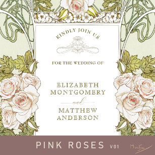 Convite Rosas Rosa Arte Romântica Nouveau Casamento