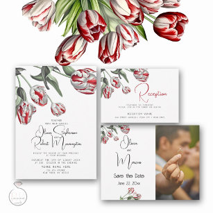 Convite Com Dobra Tripla Casamento   Tulipas Florais Vermelhas e Brancas