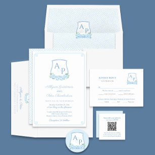 Convite Hídrangea Monograma Casamento de Crest Azul Elegan