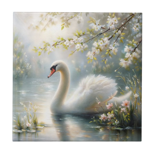 Swan Branco sobre a Pintura Floral no Lago (Frente)