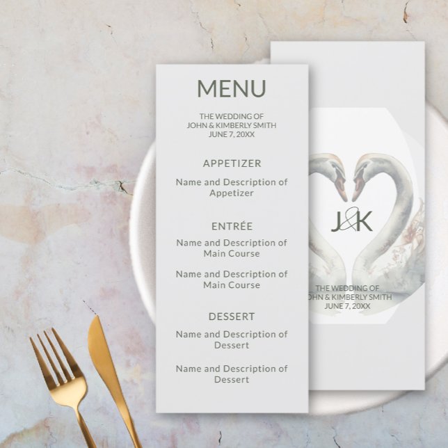 Swan Wedding Monograma Flat Menu (Swan Wedding Monogram Flat Menu (front and back))