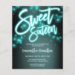 Sweet 16 Birthday Teal Neon Glow Budge Convite