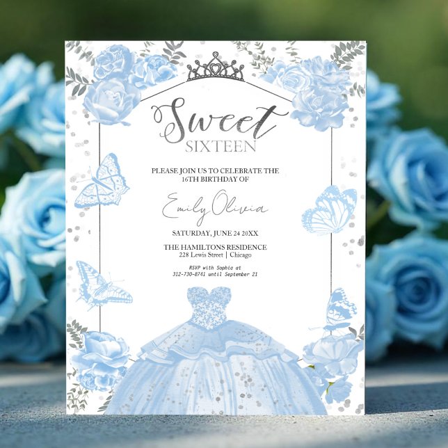 Sweet 16 Budget Invitation Dusty Blue Butterfly (Criador carregado)