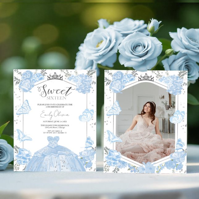 Sweet 16 Budget Photo Invitation Blue Butterfly (Criador carregado)