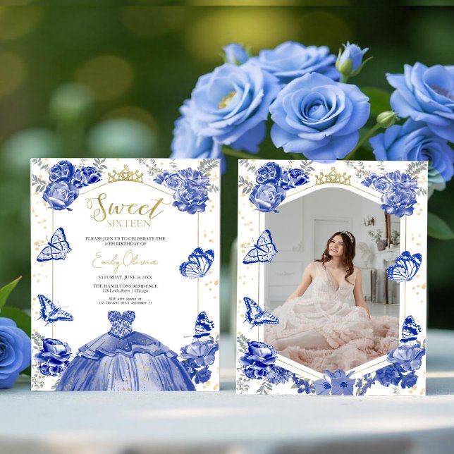Sweet 16 Budget Photo Invitation Blue Butterfly (Criador carregado)
