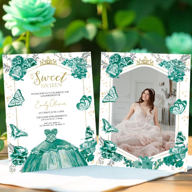 Sweet 16 Budget Photo Invitation Green Butterfly (Criador carregado)