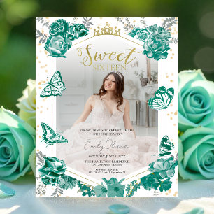 Sweet 16 Budget Photo Invitation Green Butterfly