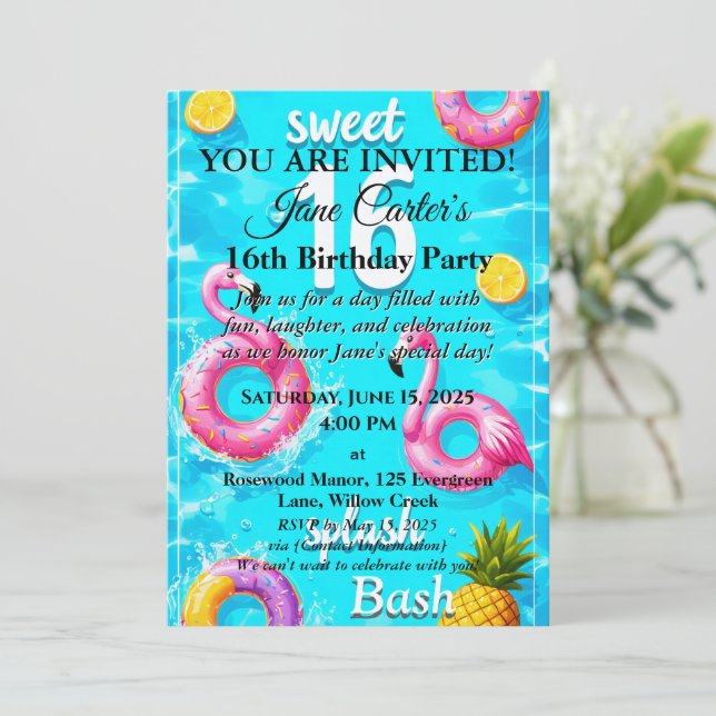 Sweet 16 Splash Bash: Convite de festas do lado do (Em pé/Frente)