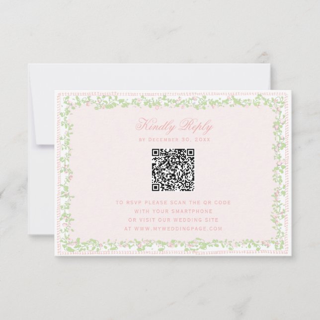 Sweet Blush Pink Floral Frame RSVP w/ Bow QR Code (Frente)