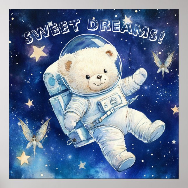 Sweet Dreams Blue Astronaut Teddy Nursery Poster (Frente)