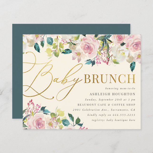 Sweet Floral Dourado Script Baby Brunch (Frente/Verso)