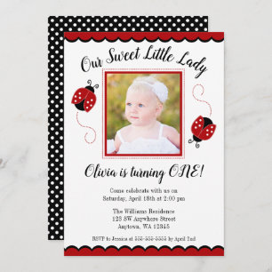 Sweet Ladybug Red Black Photo Birthday - Convites