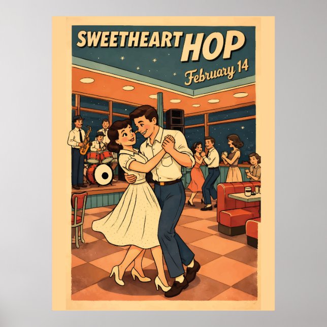 Sweetheart Hop February 14 Retro 50s Dance Poster  (Frente)