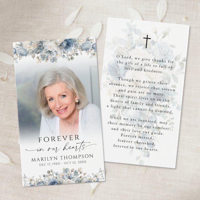 Sympathy Blue Floral Photo Cross Prayer Card (Criador carregado)