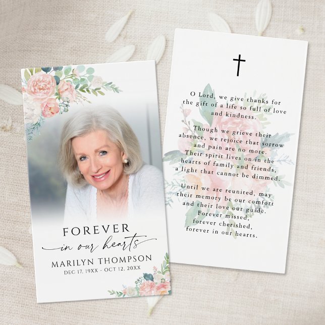 Sympathy Elegant Pink Floral Photo Prayer Card (Criador carregado)