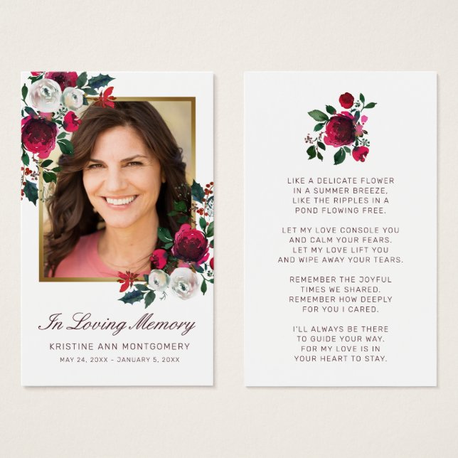 Sympathy Elegant Red Rose Gold Photo Prayer Card (Frente & Verso)