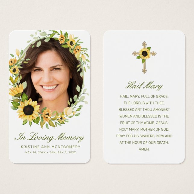 Sympathy Sunflower Green Script Photo Prayer Card (Frente & Verso)