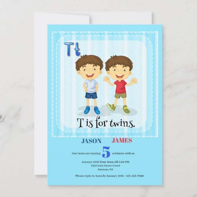 T é para o Convite de aniversário Twins Boys (Frente)