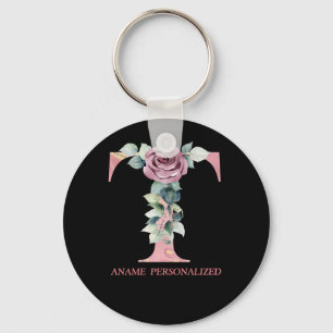 T Monograma Floral Letras Chaveiro de Agar Rosa