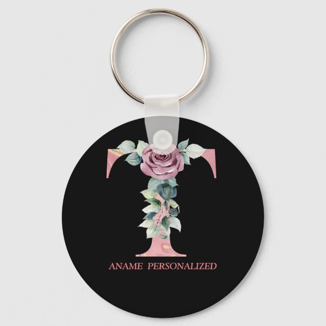 T Monograma Floral Letras Chaveiro de Agar Rosa (Frente)