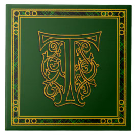 T Monograma "Irlandês Dourado em Verde" Azulejo ce