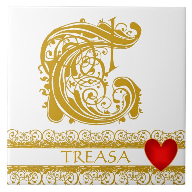 T Monograma Nome Dourado Lace Red Heart Azulejo (Frente)