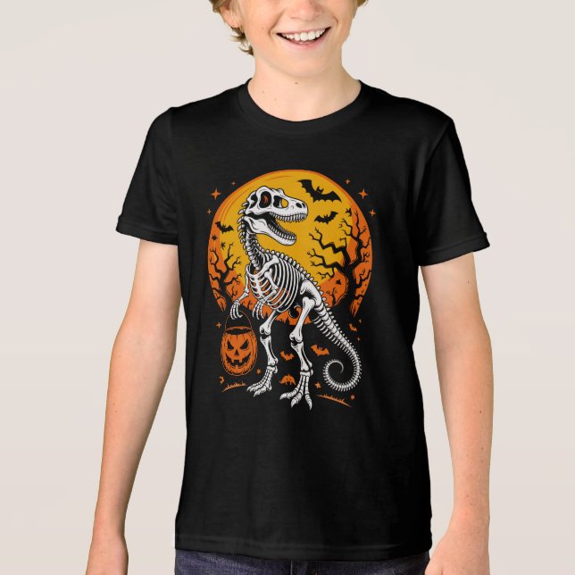 T-Rex Skeleton Halloween Pumpkin Pail And Bats (Frente)