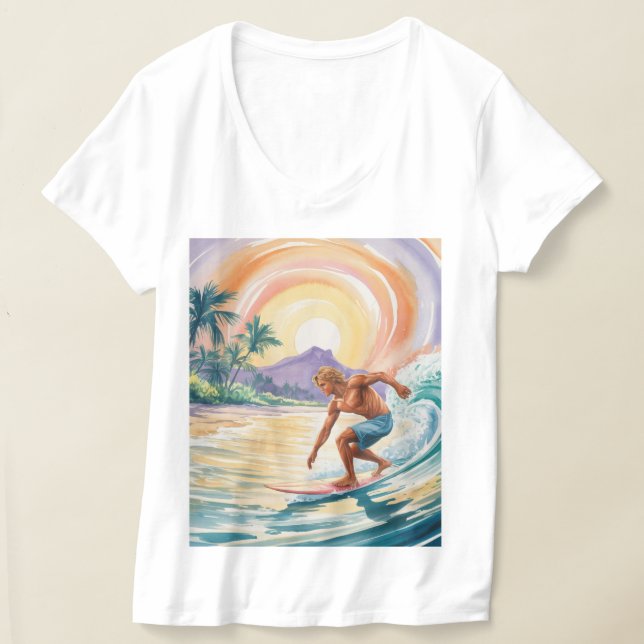 T-shirts de camisas brancas e sunset com surf trop (Postura )