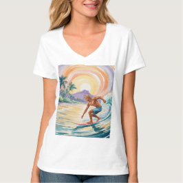 T-shirts de camisas brancas e sunset com surf trop