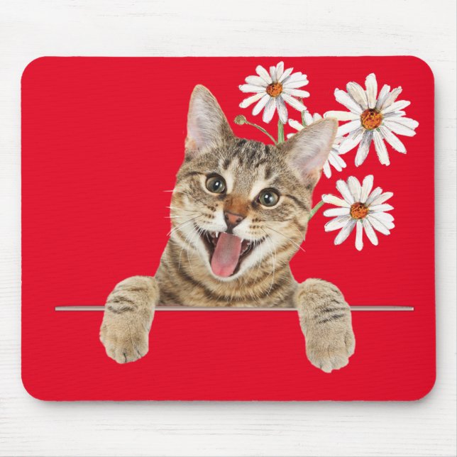 Tabby Cat and Daisies Mouse Pad (Frente)