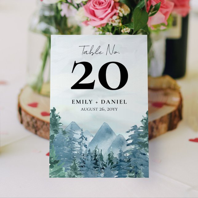 Tabela Casada de Montanha de Aquarela Número 5x7 (Rustic Mountain Event or Wedding Table Number | Choose your size and corner style)