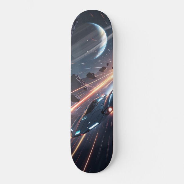 Tabla de Skate Aeronave con Meteoritos y Planeta (Frente)
