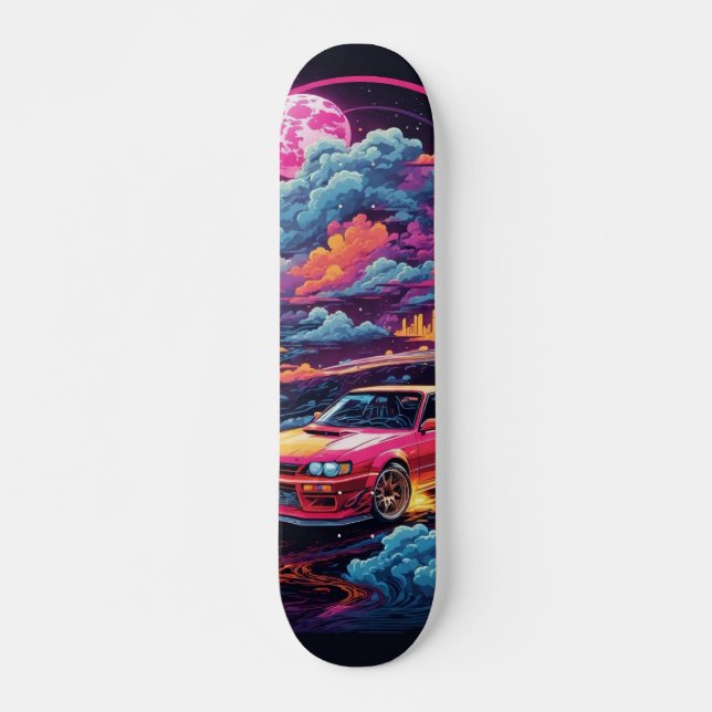 Tabla de Skate Carro con nubes rosa y azul y Luna (Frente)