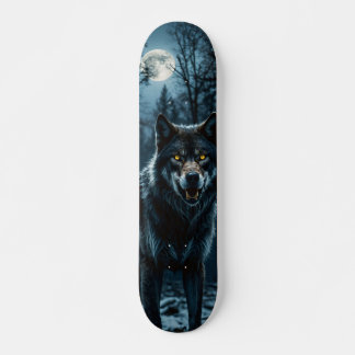 Tabla de Skate Lobo en Bosque Nocturno con Luna