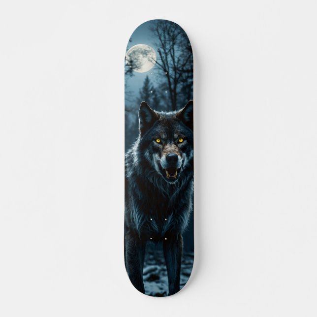 Tabla de Skate Lobo en Bosque Nocturno con Luna (Frente)