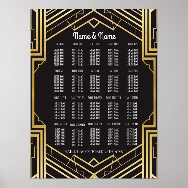 Table Wedding Gatsby Art Deco Poster 20 Seating (Frente)