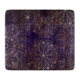 Tabua De Cortar Padrão Floral de Mandala Elegante Dourado e Roxo