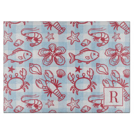 Tabua De Cortar Preppy Coastal Seafood Gingham Kitchen Decor