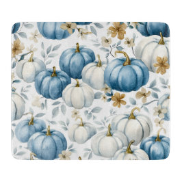 TABUA DE CORTAR PUMPKINS DE QUEDA AZUL E BRANCA E FLORES DOURADAS