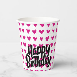 Taça de Papel Feliz de Aniversário de Coração Rosa