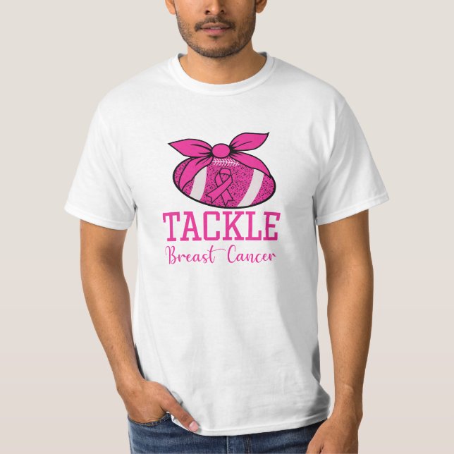 Tackle a camiseta do Cancer de fita rosa de futebo (Frente)