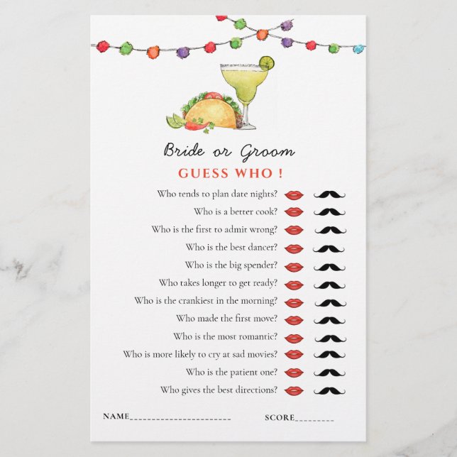 Taco e Tequila Fiseta Jogo de Chá "Adivinha quem" (Frente)