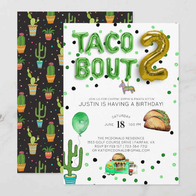 Taco Sobre Dois | Convite de Aniversário de Dois A (Frente/Verso)