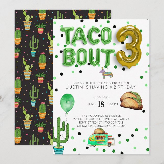 Taco Sobre Três | Convite de Terceiro Aniversário (Frente/Verso)