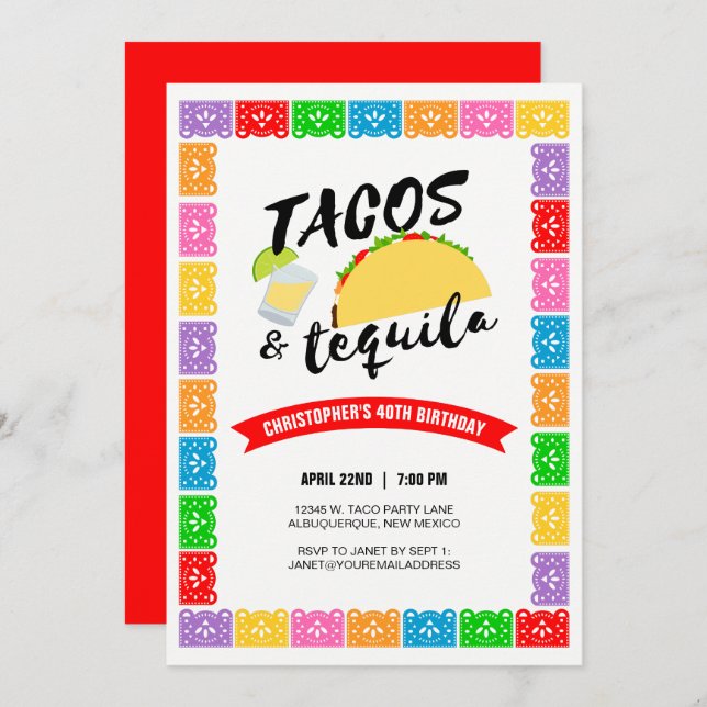 Tacos e Convite de aniversário de tequila (Frente/Verso)