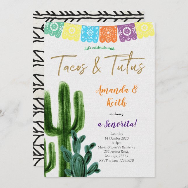 Tacos e Tutus Cactus - Convite para Chá de fraldas (Frente/Verso)