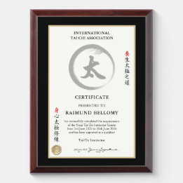 Tai Chi Instructor Certificate Award Plaque