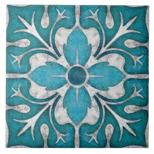 Talavera 01 Azul Teal Cinza Floral Mediterrâneo